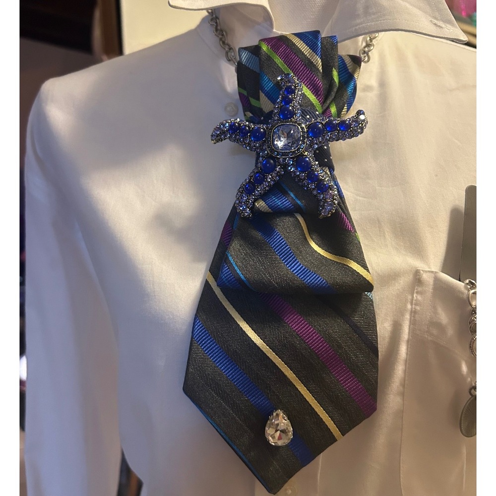 Tommy Hilfiger Upcycled Tie Necklace Blue Starfish Brooch Paparazzi Bracelet Set - Picture 10 of 13